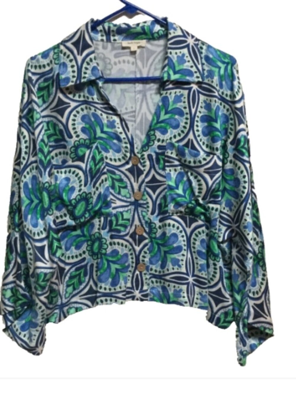 Haute Hippie women size L relaxed fit Top Shirt Jacket Royal Blue White Green